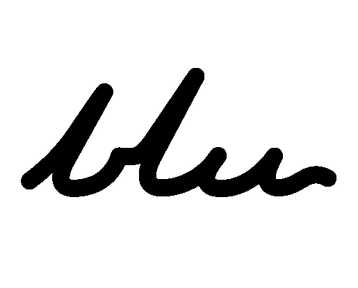 logo blu - słowo blu napisane kursywą, przypominający fale morskie, góry, bicie serca.
